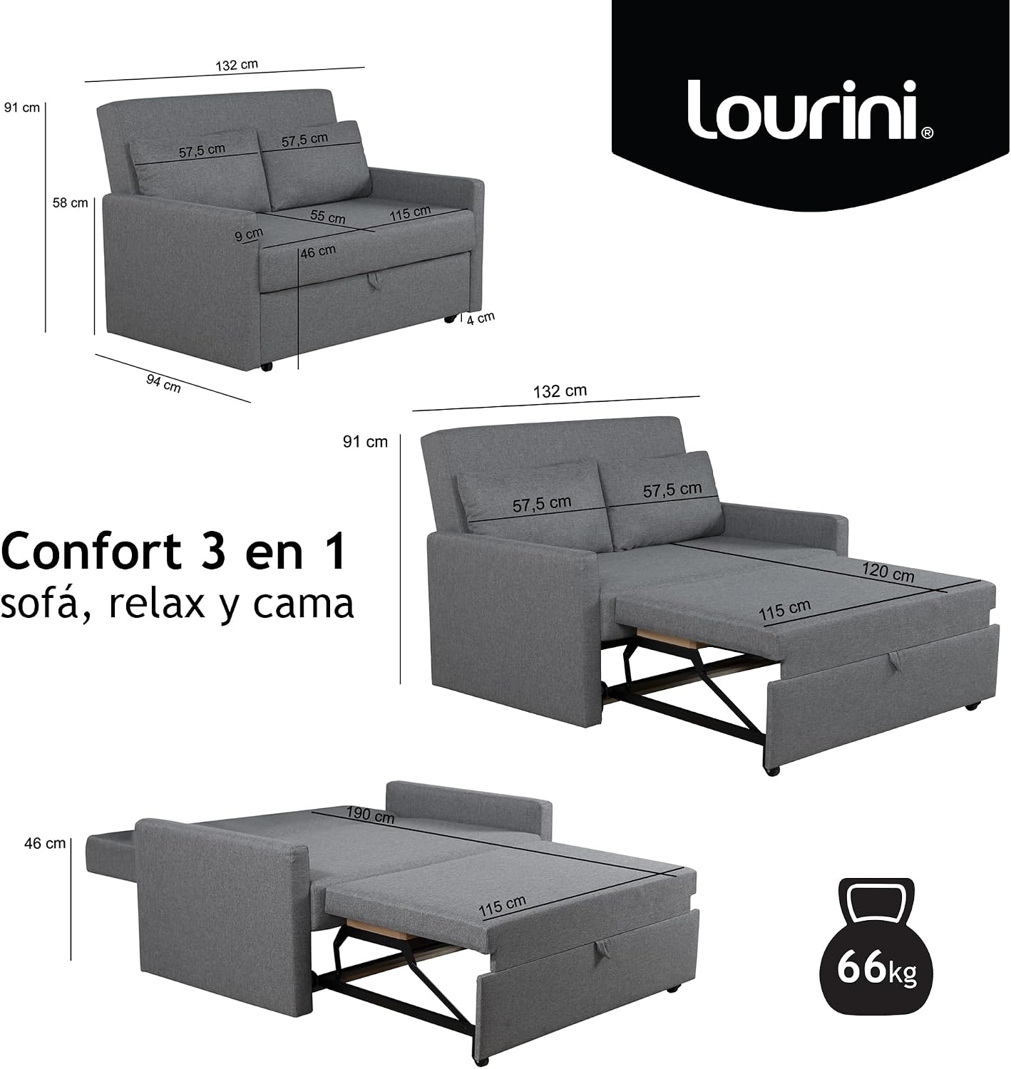 Sofá Cama 2 Plazas Plegable 132 cm